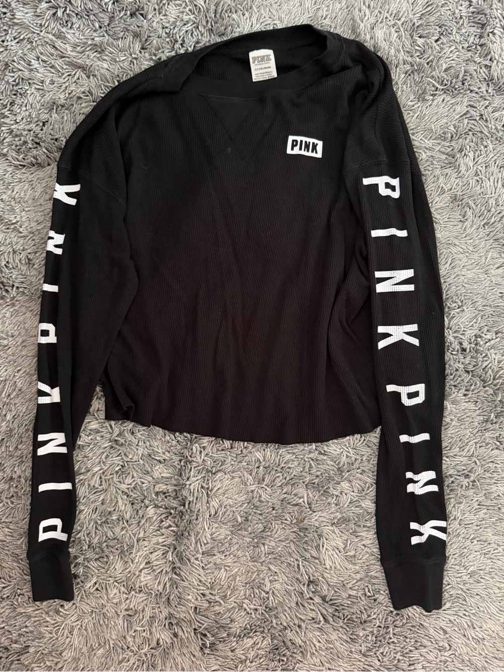 PINK Victoria's Secret Black Ribbed Crewneck with Sleeve Logo